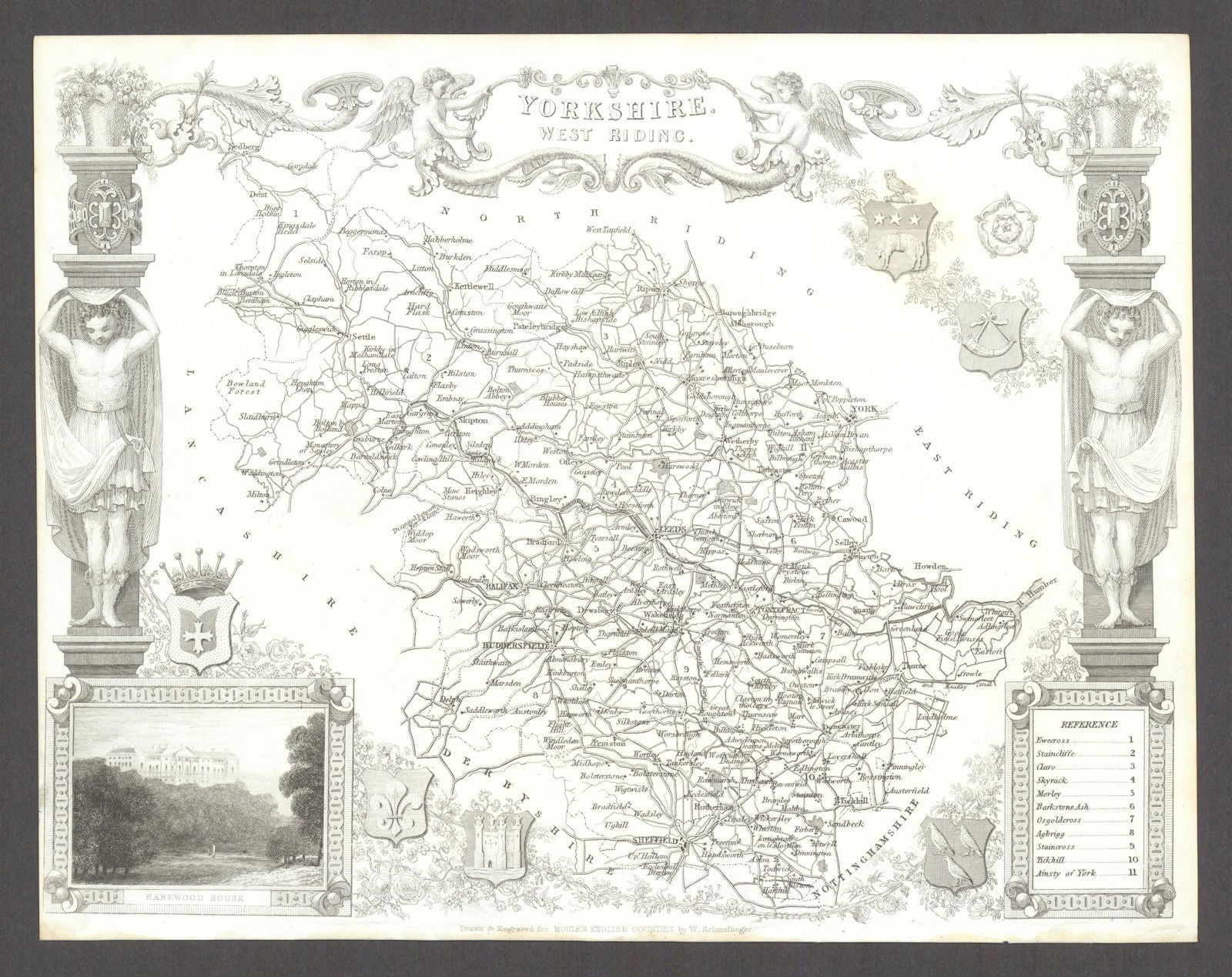 Yorkshire West Riding antique county map by Thomas Moule 1837 old